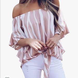 Off shoulder zebra print pink white tie top
